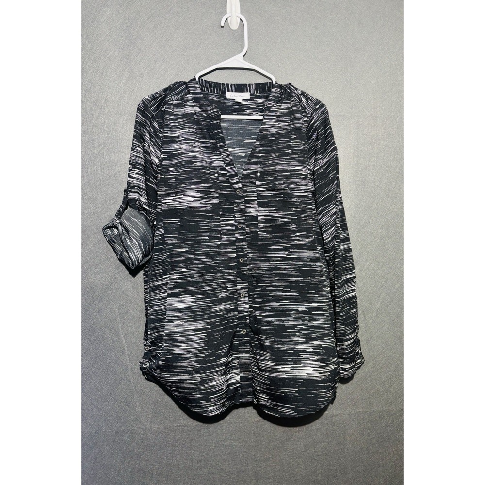 Calvin Klein Women's Blouse M Black White Abstract Print Roll Tab Sleeve - Picture 9 of 16